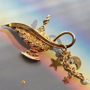 Kirks Folly Aladdin Genie Lamp AB Rhinestones Pave Moon Star Brooch Gold Tone